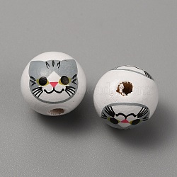 Printed Cat Wood European Beads, Large Hole Bead, Round, Gray, 16x15mm, Hole: 4mm(WOOD-TAC0011-35A)