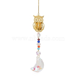 Hollow Alloy Hanging Ornaments, Iron Chain & Colorful Glass Beads & Moon Tassel for Home Garden Decorations, Owl, 360mm(HJEW-Q012-05A)