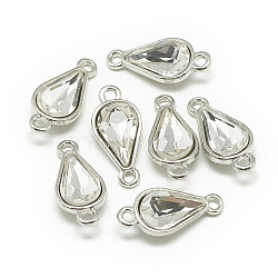 Alloy Glass Links connectors, teardrop, Platinum, Clear, 21x10x5~6mm, Hole: 2mm(PALLOY-T025-8x13mm-01)