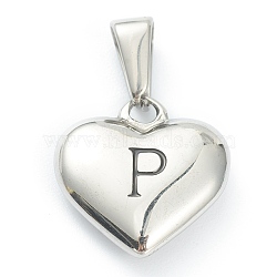 304 Stainless Steel Pendants, Heart with Black Letter, Stainless Steel Color, Letter.P, 16x16x4.5mm, Hole: 7x3mm(STAS-P278-01P-P)