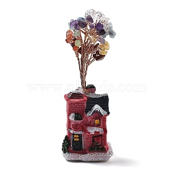 Christmas Theme Resin House Home Decoration, with Natural Mixed Gemstone Chips Tree for Home Office Desk Decoration, with Battery, Mixed Color, 51x44.5x155mm(DJEW-H013-01A)