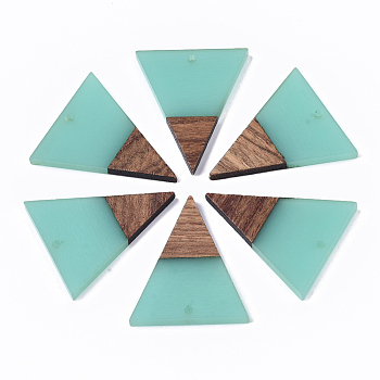 Transparent Resin & Walnut Wood Pendants, Triangle, Turquoise, 37x31x3.5mm, Hole: 1.8mm