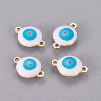 Ion Plating(IP) 304 Stainless Steel Enamel Links connectors, Flat Round with Evil Eye, Golden, White, 14.5x10x4.5mm, Hole: 1.4mm