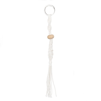Waxed Cotton Cord Braided Macrame Pouch Empty Stone Holder for Pendant Keychain Making, with Wood Beads and 304 Stainless Steel Split Key Rings, White, 20.3cm