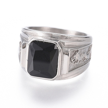 304 Stainless Steel Wide Band Rings, with Glass, Black, Stainless Steel Color, Size 7~12, 17~22mm
