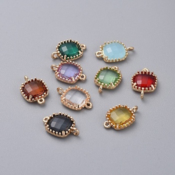 Glass Links Connectors, with Brass Findings, Faceted, Square, Golden, Golden,Mixed Color,14.5x9.5x3.5mm, Hole: 0.8~1.2mm