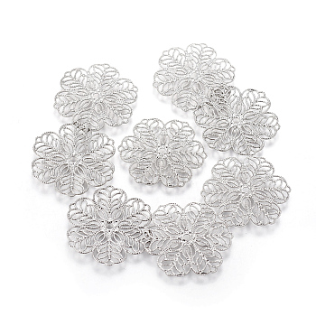 304 Stainless Steel Filigree Joiners, Flower, Stainless Steel Color, 29.5~30x0.5mm, Hole: 1mm and 2mm