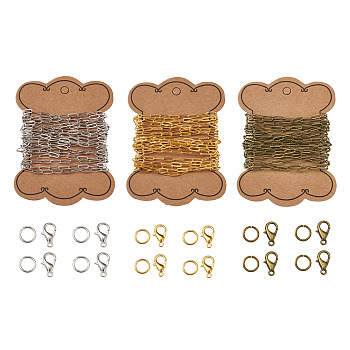DIY Paperclip Style Jewelry Kits, Include Brass Paperclip Chains & Jump Rings, Zinc Alloy Lobster Claw Clasps, Mixed Color, Paperclip Chains: links about 9x3.5x0.7mm, 3color, 3m/color, 9m/set