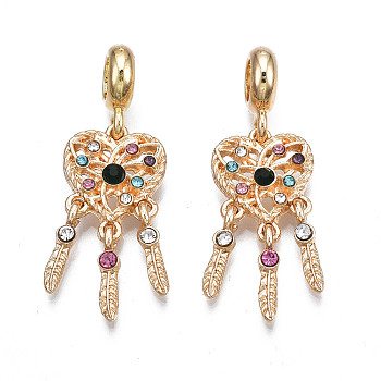 Rack Plating Alloy European Dangle Charms, with Colorful Rhinestone, Large Hole Pendants, Cadmium Free & Nickel Free & Lead Free, Woven Net/Web with Feather, Light Gold, 36.5mm, Hole: 5mm, Feather: 12.5x2.5x3.5mm