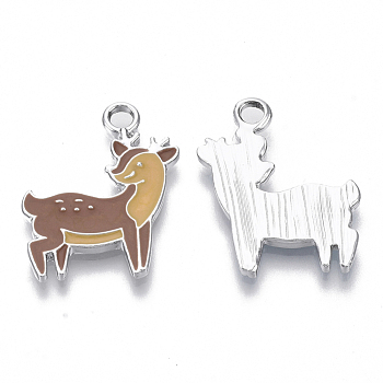 Alloy Pendants, with Enamel, Sika Deer, Platinum, Sienna, 22x18x2mm, Hole: 2.5mm