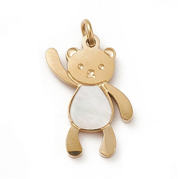 Natural Shell Pendants, Bear Charms, with Ion Plating(IP) 304 Stainless Steel Findings, with Open Jump Rings, Real 14K Gold Plated, 16.5x12x1mm, Hole: 2.6mm