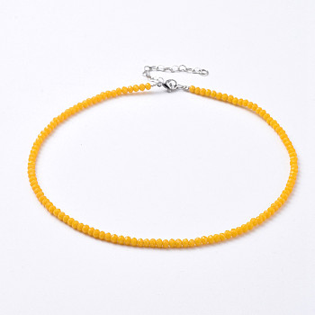 Faceted Rondelle Glass Beaded Necklaces, with Brass Crimp Beads, Stainless Steel Heart Link Chain Extender and Lobster Claw Clasps, Yellow, 14.37 inch(36.5cm)