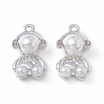 ABS Plastic Imitation Pearl Pendants, with Alloy Findings and Rhinestones, Bear Charm, Platinum, 19.5x11x7mm, Hole: 1.4mm