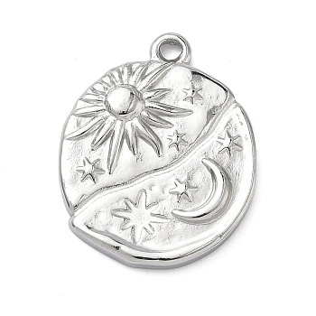 304 Stainless Steel Pendants, Flat Round with Sun Moon Star Charm, Stainless Steel Color, 23.5x18.5x3mm, Hole: 1.6mm