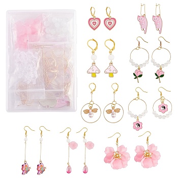 DIY Pink Drop Earring Making Kits, Including Flower & Cat & Bee Alloy & Glass & Acrylic Pendants, Imitation Jade Glass Beads, Brass & 316 Surgical Stainless Steel Earring Findings, Golden, 210Pcs/box