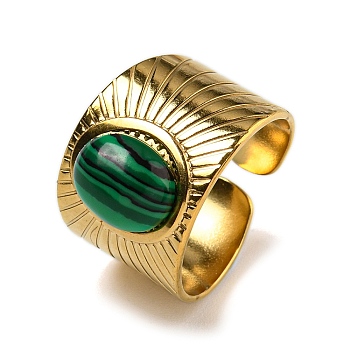 Ion Plating(IP) 304 Stainless Steel Open Cuff Rings, Synthetic Malachite Oval Wide Band Rings for Women Men, Real 18K Gold Plated, Adjustable