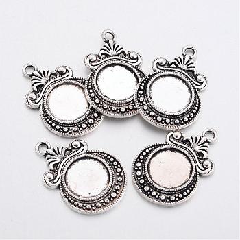 Tibetan Style Zinc Alloy Flat Round Pendant Cabochons Settings, Lead Free & Cadmium Free, Antique Silver, 28x19x2mm, Hole: 2.5mm, Tray: 12mm, about 192pcs/500g