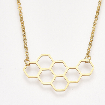 201 Stainless Steel Pendant Necklaces, with Cable Chains, Honeycomb, Golden, 17.7 inch(45cm), 2mm, Honeycomb: 20x34.5x1mm