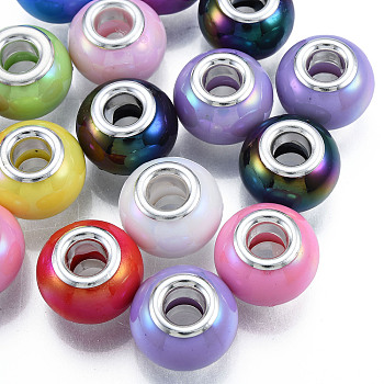Large Hole Acrylic European Beads, with Silver Color Plated Iron Double Cores, Rondelle, Mixed Color, 14x10mm, Hole: 5mm