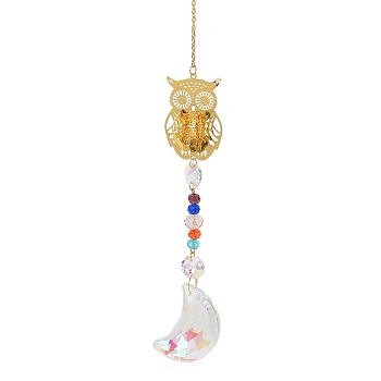 Hollow Alloy Hanging Ornaments, Iron Chain & Colorful Glass Beads & Moon Tassel for Home Garden Decorations, Owl, 360mm