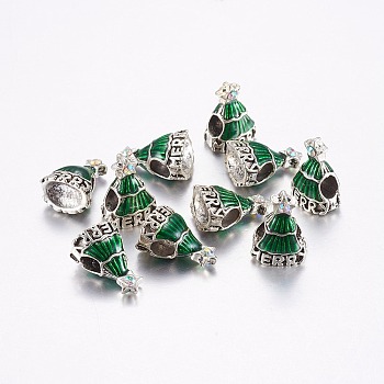 Tibetan Style Alloy European Beads, Large Hole Beads, with Enamel and Rhinestone, Christmas Tree, Crystal AB, Antique Silver, Green, 15x11x8mm, Hole: 4.5mm