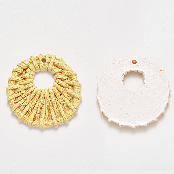 Resin Pendants, Imitation Woven Rattan Pattern, Flat Round, Yellow, 42x41.5x4mm, Hole: 2.5mm