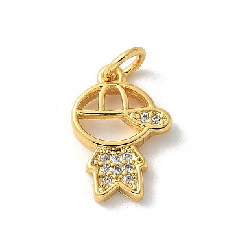 Brass Micro Pave Cubic Zirconia Pendants, Boy Charms, with Jump Ring, Real 18K Gold Plated, 14x10x2mm, Hole: 3.4mm