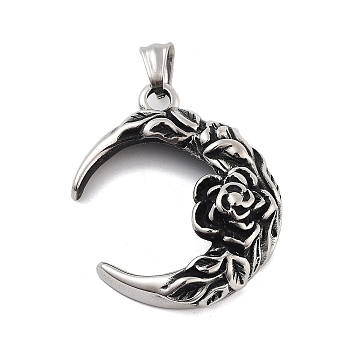 Retro 304 Stainless Steel Pendants, Moon with Rose Char, Antique Silver, 42.5x35.5x13.5mm, Hole: 5x6.5mm