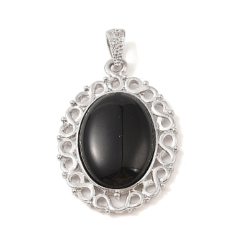 Natural Obsidian Pendants, with Platinum Tone Alloy Findings, Oval Charms, 41x28.5x7.5mm, Hole: 7.2x4mm