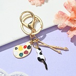 Alloy Enamel Keychain, with Iron Findings, Cat & Palette, Black, 9.4cm(X1-KEYC-YW00026-05)