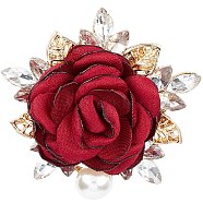 Cloth Rose with Crystal Rhinestone Brooch Pin, Light Gold Alloy Fashion Badge with Imitation Pearl for Clothes Shawl, Dark Red, 53x51.5x17.5mm(JEWB-WH0028-12LG)