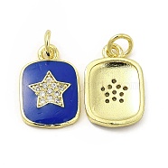 Brass Micro Pave Cubic Zirconia Pendants, with Enamel & Jump Ring, Rectangle with Star Charm, Golden, Blue, 16x11x2mm, Hole: 2.5mm(KK-E068-VB444-1)