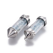Natural Aquamarine Big Pointed Pendants, Dowsing Pendulum Pendants Making, with Brass Findings, Bullet, Antique Silver, 57x17mm, Hole: 4mm(G-E516-B01)