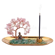 Natural Rose Quartz with Green Aventurine Chips with Brass Incense Burner Holder, with Rose Gold Plated Brass Wires and Buddha, Lucky Tree, 83.5x180x85~100mm(DJEW-G027-19RG-03)