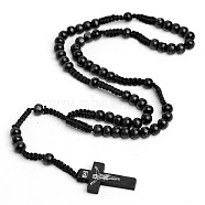 Wood Beads Pendant Necklaces, Jewely for Unisex, Cross, Black, 17.72 inch(45cm)(PW-WG06F37-01)