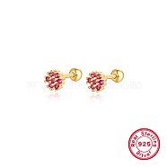Real 18K Gold Plated 925 Sterling Silver Flower Stud Earrings, with Cubic Zirconia, Deep Pink, 5mm(TL5591-5)