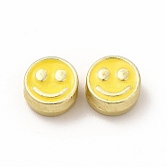 Rack Plating Alloy Enamel Beads, Cadmium Free & Nickel Free & Lead Free, Flat Round with Smiling Face Pattern, Light Gold, Gold, 7.5x4mm, Hole: 2mm(FIND-G051-01LG-02)