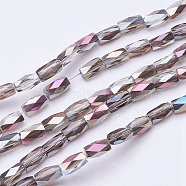 Electroplate Transparent Glass Beads Strands, Half Rinbow Plated, Faceted, Column, Thistle, 5x3mm, Hole: 0.5mm, about 100pcs/strand, 19.4 inch(EGLA-E048-I02)