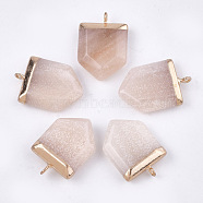 Electroplate Natural Pink Aventurine Pendants, with Iron Findings, Faceted, Pentagon, Golden, 28~31x20~21x6~8mm, Hole: 1.8mm(G-T112-14D)