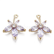Real 18K Gold Plated Brass Micro Pave Cubic Zirconia Pendants, Nickel Free, Flower, Lilac, 16x13x3mm, Hole: 0.9mm(KK-T056-58G-02-NF)
