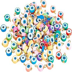 Nbeads Handmade Polymer Clay Pendants, with Golden Tone Iron & Alloy Findings, Flat Round with Evil Eye, Mixed Color, 15~16x9x4.5mm, Hole: 3x3.6mm, 120pcs/box(FIND-NB0002-42)