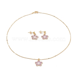 Sakura Pendant Necklaces & Dangle Earring Jewelry Sets, with Alloy Enamel Pendants, Brass Figaro Chains & Spring Ring Clasps and 304 Stainless Steel Stud Earring Findings, Golden, Medium Purple, 17-5/8 inch(44.7cm), 25mm, Pin: 0.8mm(SJEW-JS01147-03)