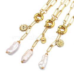 Natural Baroque Pearl Keshi Pearl Lariat Necklaces, with Brass Spring Ring Clasps and Alloy Rhinestone Pendant, Flat Round & Sun & Oval, Golden, 18.90 inch(48cm), pearl: 13~20mm long, 6~10mm wide, 3pcs/set(NJEW-JN03042)