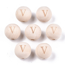 Unfinished Natural Wood European Beads, Large Hole Beads, Laser Engraved Pattern, Round with Word, Letter.V, 15~16x14~15mm, Hole: 4mm(WOOD-S045-143A-01V)