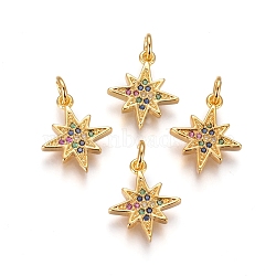 Brass Charms, with Micro Pave Cubic Zirconia and Jump Rings, Star, Colorful, Golden, 14x12x2mm, Hole: 3mm(KK-I656-24G)