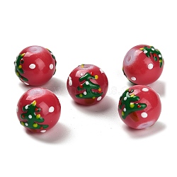 Christmas Theme Handmade Lampwork Beads, with Enamel, Round with Christmas Tree, Red, 12.5~13x11mm, Hole: 1.6mm(LAMP-I028-08E)