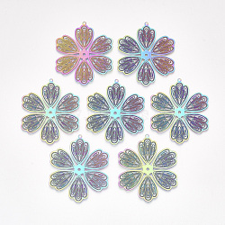 Ion Plating(IP) 304 Stainless Steel Filigree Pendants, Etched Metal Embellishments, Flower, Rainbow Color, 47x39.5x0.2mm, Hole: 1.4mm(X-STAS-S108-40)