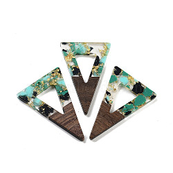 Walnut Wood Pendants, Resin and Gold foil, Triangle, Teal, 45x30x3.5mm, Hole: 2mm(FIND-Z050-03J)