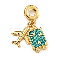 Rack Plating Brass Dark Cyan Enamel European Dangle Charms, Aircraft & Luggage Large Hole Pendants, Long-Lasting Plated, Real 18K Gold Plated, 32mm, Hole: 5mm(KK-U035-24G)