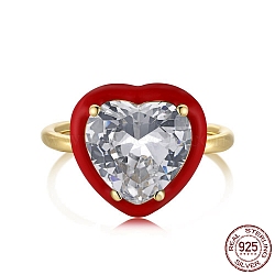 925 Sterling Silver Finger Rings, Birthstone Ring, Real 18K Gold Plated, with Enamel & Cubic Zirconia for Women, Heart, Red, 1.8mm, US Size 7(17.3mm)(RJEW-A019-42B-02G)